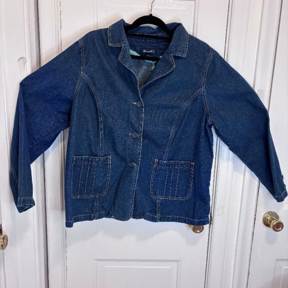 Denim & Co Women’s Denim 3 Button Blazer Jacket Size 1X Stretch Dark Wash